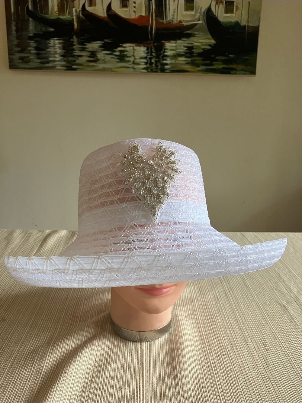 Elegant White Wide-Brim Hat with Silver Rhinestone Beaded Motif
